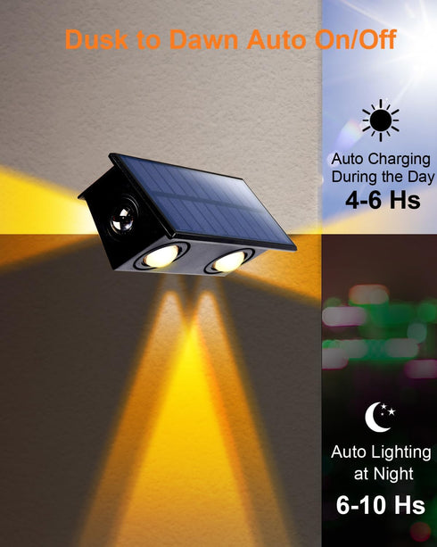 4 Pack 3-Side Solar Fence Lights Outdoor Waterproof with Warm White LED Spot Lens, for Wall, Deck, Patio, Yard, Rail