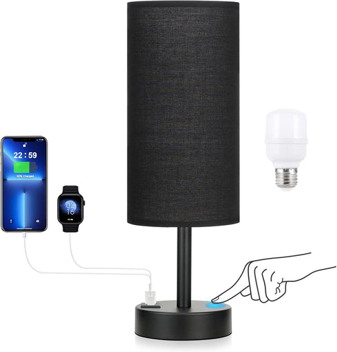 Black Touch Nightstand Lamps for Girl - Small Bedside Lamp with USB-C