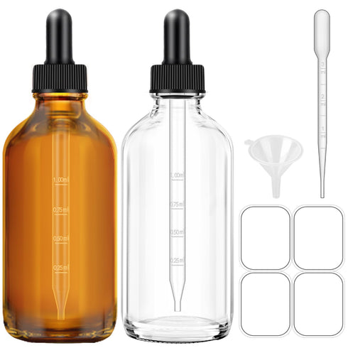 Amber Dropper Bottles 4oz Glass with Dropper for Essential Oils, 2-Pack Tincture Bottles with Funnel, Labels & Pipette