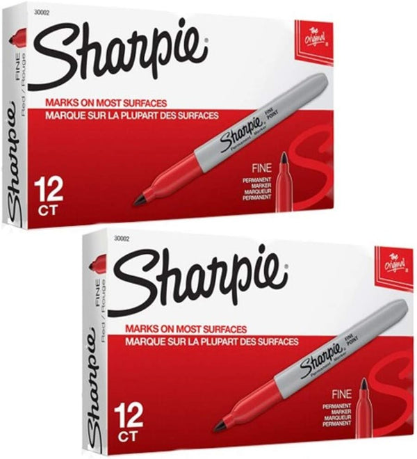 Sharpie 30002 Fine Point Permanent Marker, Red Color, Pack of 2 Boxes of 12, Marks on Paper and Plastic, Resist Fading
