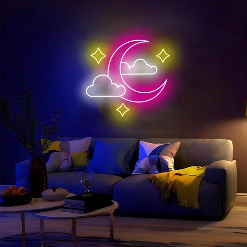 Bklphsey Dimmeable Light14in*13in Moon Cloud Star Neon Sign Pink Led Neon signs for Wall Decor Moon Cloud Star LED Neon