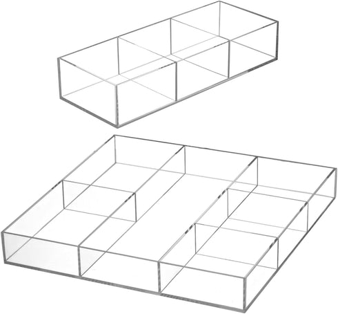 Peohud 2 Pack Acrylic Drawer Organizer Tray, 6/3 Section Clear Makeup Tray for Drawer, Office Desk Supplies