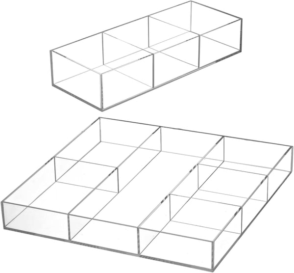 Peohud 2 Pack Acrylic Drawer Organizer Tray, 6/3 Section Clear Makeup Tray for Drawer, Office Desk Supplies