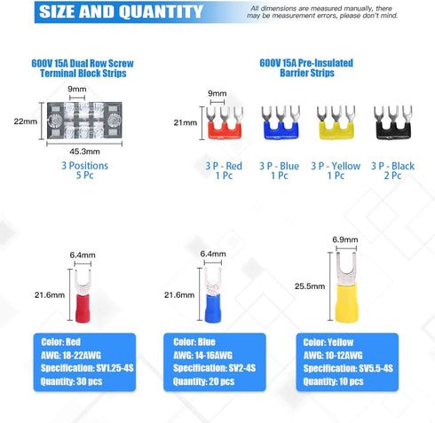Glarks 70Pcs Terminal Block Set - 5Pcs 3 Positions Dual Row Screw Terminals + 60Pcs Insulated Fork Wire Connector