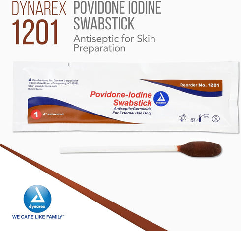 Dynarex Povidone Iodine Swabsticks, Antiseptic for Skin Preparation, Brown, 1 Box of 50 Swabsticks Packaged in