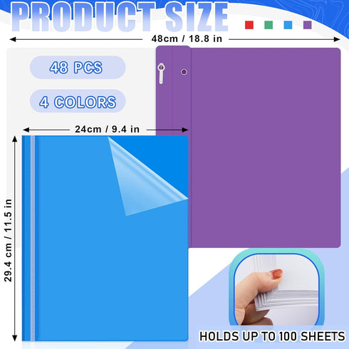 Teling 48 Pcs Clear Front Report Covers with Prongs, Plastic Presentation Folders for School, Multicolor