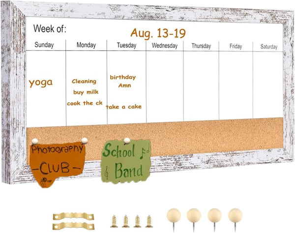 Magnetic Weekly Dry Erase White Board and Cork Board, White Wood Frame for Home Office