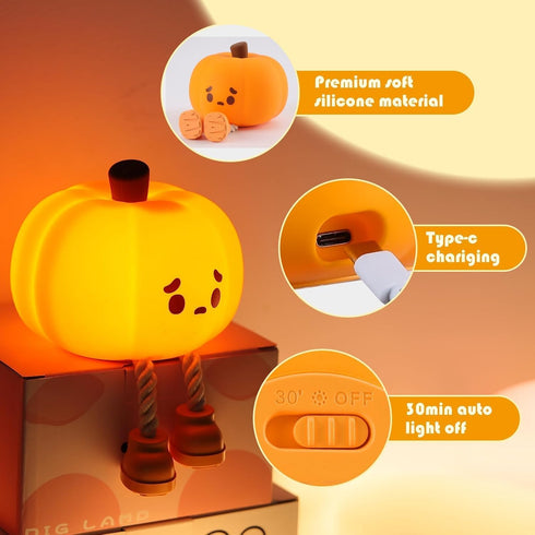 LONRISWAY Dimmable Pumpkin Night Light for Kids, Rechargeable LED Desk Lamp with Touch Control, Soft Silicone Nursery