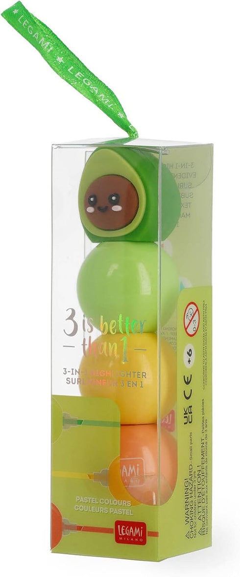 Legami 3 in 1 Highlighter, Pastel Colours - Green, Yellow, Orange, Quick Dry, Avocado Theme