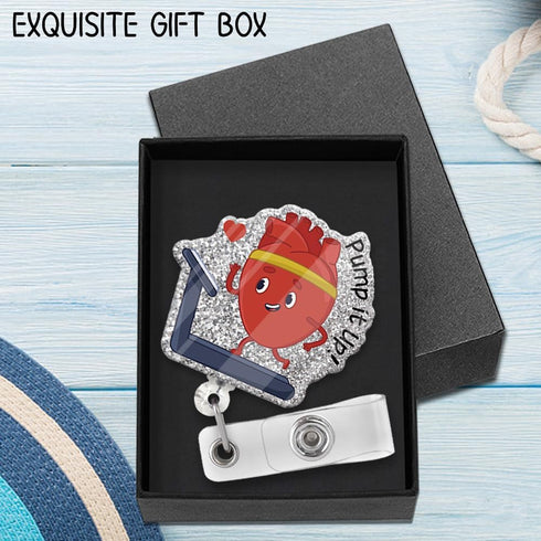 Pump It Up Funny Glitter Badge Holder, Scroll Retractable, Cute Heart Badge for Doctor, Nurse Gift