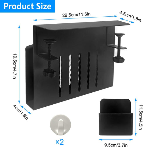 Desk Side Storage, Laptop Metal Desk Side Organizer, Under Desk Laptop Holder with Pen Holder and 2 Hooks, Hanging Laptop Holder Side of Desk, No Drill Under Desk Organizer for Office and Home (Black) by Bqweun