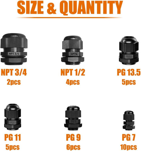 ISPINNER 32pcs Nylon Cable Gland Waterproof IP68 Adjustable 3-18mm, NPT 3/4, NPT 1/2, PG13.5 (Black)