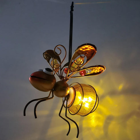 Honeybee Solar Lantern Garden Decor, LED Hanging Solar Dragonfly Decoration, Patio Yard Butterfly Sculptures,