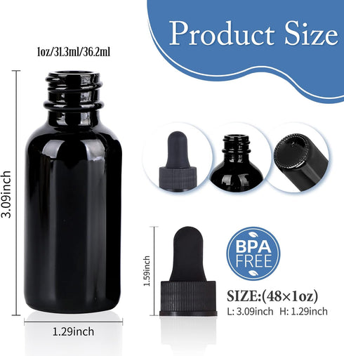 48 Pack 1 oz UV Resistant Black Glass Dropper Bottles 30ml with Eye Droppers, Leak Proof Travel Bottles for Essential