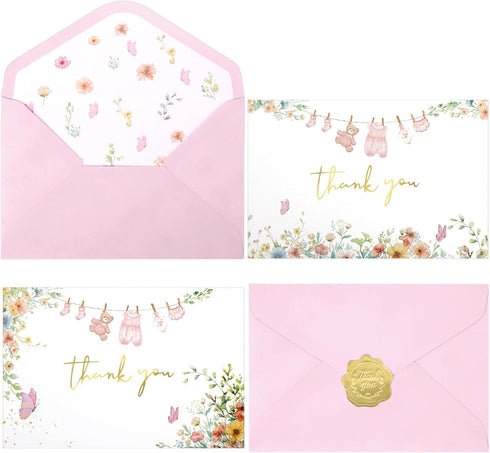 OIPKKUI 50 Pack Pink Baby Shower Thank You Cards Shower Pink Gold Foil