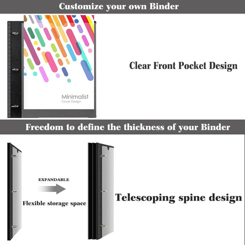 Telescoping Project Organizer Binder - 2PCS, 13 Pocket 3-Ring Binder with Customizable Cover, Black