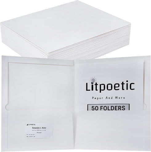 Two-Pocket Folders, White Glossy Laminated Paper Folder, Letter Size, Holds 100 Sheets, Box of 50