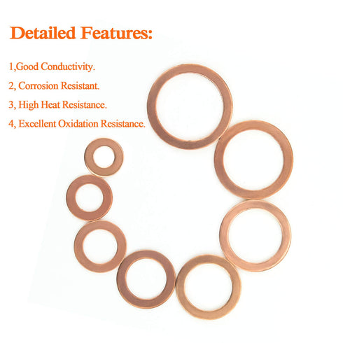 Copper Washers - 150PCS Assortment Kit with 8 Sizes Copper Metric Sealing Flat Washers