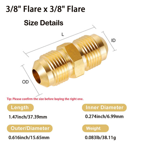 3/8" Male Flare x 3/8" Male Flare Connector Gas Adapter Union Brass Tube Coupler Pipe Fitting (2PCS)