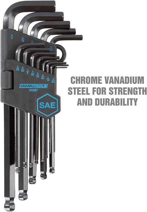OEMTOOLS 24287 13-Piece SAE Hex Key Set, Allen Wrenches Set, Long Arm Ball End Hex Key Wrench Set, Allen Key Storage by OEMTOOLS