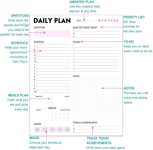 Daily Planner Notepad, Tear-Off Daily Planning Pad with To Do Lists, Schedule, 50 Undated Sheets, 8.5 x 11 in