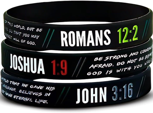 Ezekiel Gift Co. Christian Wristbands for Guys (6-Pack) - John 3:16, Romans 12:2, Joshua 1:9 - Religious Bible Gifts