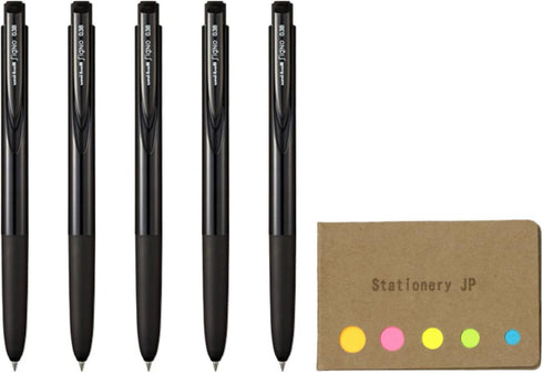 Signo RT1 Retractable Gel Ink Pen, Micro Point 0.38mm, Rubber Grip, Black Ink, 5-Pack with Sticky Notes