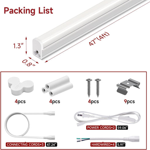 4-Pack 4FT, 20W, 6500K 2200LM, T5 LED Shop Lights Linkable Utility Fixtures for Under-Cabinet Lighting, Kitchen