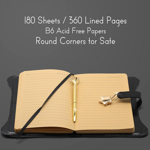 Diary with Lock and Keys for Girls Gift Ideas, 360 Kraft Pages Journal for Women, B6 Refillable Notebook for Writing with Pen and Bookmark (Astro Black)