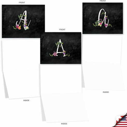 The Best Card Company - 10 Initial Letter A Assorted Blank Notecards, Floral Monogrammed Personal Stationery