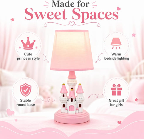 Ecliptix 14 Inch Bulb Kids Table Lamp, Adorable Castle Style Kids Desk Lamp, Pink Bedside Lamp Ideal for Girls Bedroom