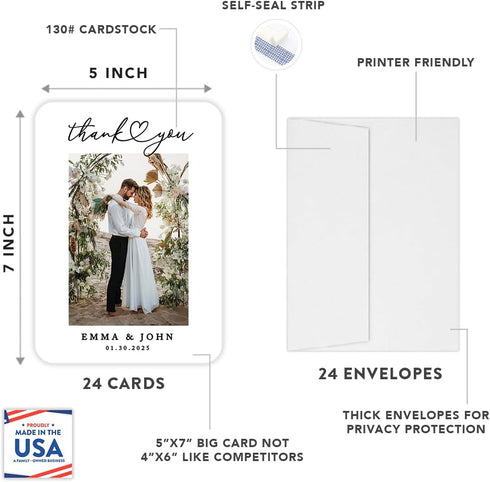 5x7-Inch 24-Pack Andaz Press Personalized Photo Wedding Thank You Cards with Envelopes, Wedding Thank You Card
