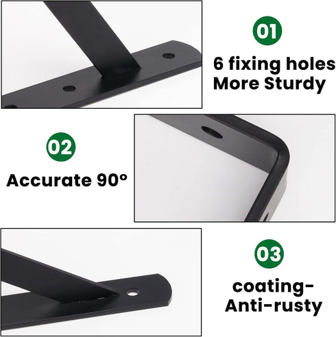 10 Pack L8 6" 90 CONNOO x H Heavy Duty Shelf Brackets Black Thickness Metal Shelves Supports Degree Wall Mount Angle L