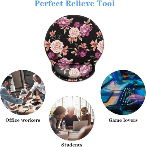 WAVEYU Mouse Pad with Wrist Support, Cute Designed Non-Slip Rubber Base Mousepad for Laptop, Black Flower