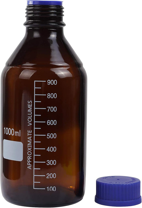 4 Pieces Amber Glass 1000 mL Graduated Round Lab Reagent Media/Storage Bottles with GL45 Blue Screw Cap