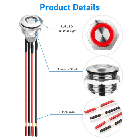 Linkstyle 19mm Latching Push Button Switch, 12V Metal Self Locking SPST ON-Off with Wiring Harness & Red Light (5Pcs)