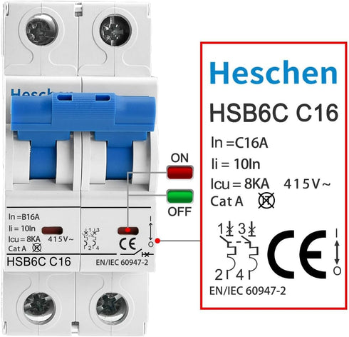 Miniature Circuit Breaker HSB6C 16Amp Current 2 Pole Type C 6kA Breaking Capacity Din Rail Mounting
