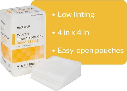 McKesson Woven Gauze Sponges, Non-Sterile, 8-Ply, 100% Cotton, 4 in x 4 in, 200 per Pack