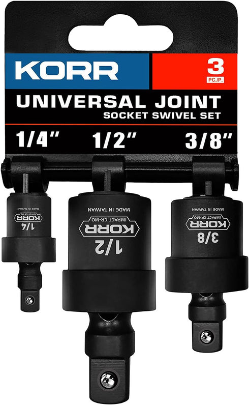 KORR Tools KSS007 3pc Impact Grade Universal Joint Swivel Socket Set 1/4-Inch, 3/8-Inch, 1/2-Inch Drive by KORR