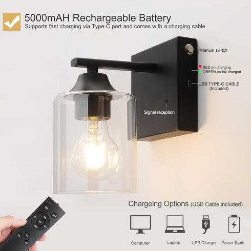mikerkenly Dimmable Battery Wall Sconce Light Wireless Rechargeable Lamp with Warm LED, Cordless Design for Bedroom