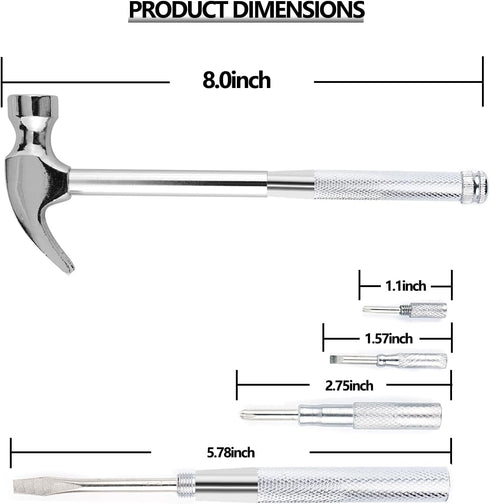 6-in-1 Metal Multifunction Hammer & Screwdriver Tool Set with Cross & Flat Screwdriver for Opening Walnuts