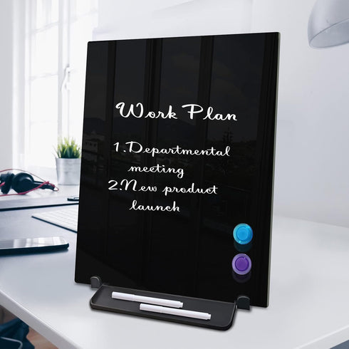 Black Magnetic Glass Board Desktop Easel, 16x12" Black Dry Erase Board for Desk, Tabletop Glass Whiteboard on
