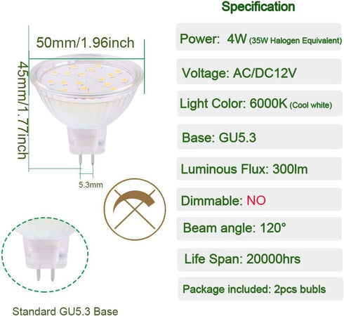 MR16 Led Light Bulbs AC/DC12V Non-dimmable GU5.3 4W led Spotlights 6000K Cool White 300LM 35W Halogen Bulbs Replacement for Track Lighting and Outdoor Landscape (Cool White 6000K, Pack of 2) by CIKAMIO