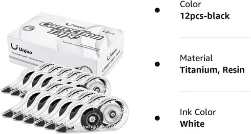 Whiteout Correction Tape - Easy To Use Applicator for Instant Corrections, 12pack, 5M/196" x 0.2", Black for School