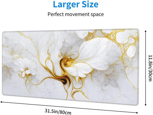Desk Pad,Office Desk Mat 31.5"×11.8" Large Gaming Mouse Pad,Extended Computer Mouse Pad,Waterproof Thick Big Mouse Pads with Non-Slip Rubber Base Office Home White Gold Marble Flower by CANFLASHION