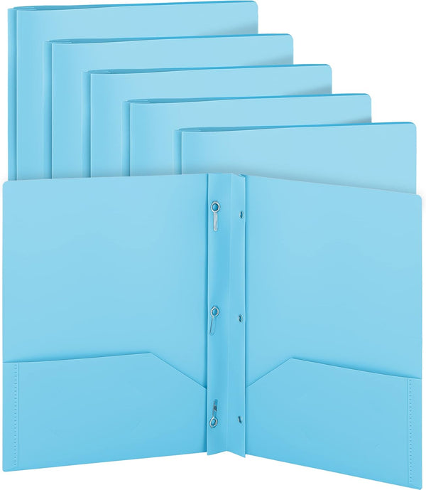 Plastic Folders with Pockets and Prongs, 6 Pc Blue Two Pocket Folder with Brads for Letter Size Sheets