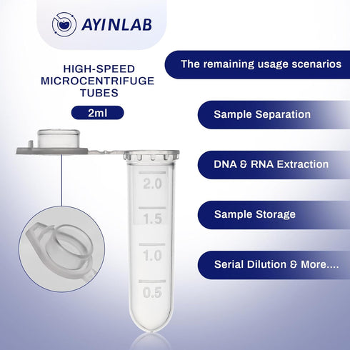 Microcentrifuge Tubes 2ml, AyinLab 500pcs Polypropylene Plastic Tubes with Leak-Proof Snap Caps