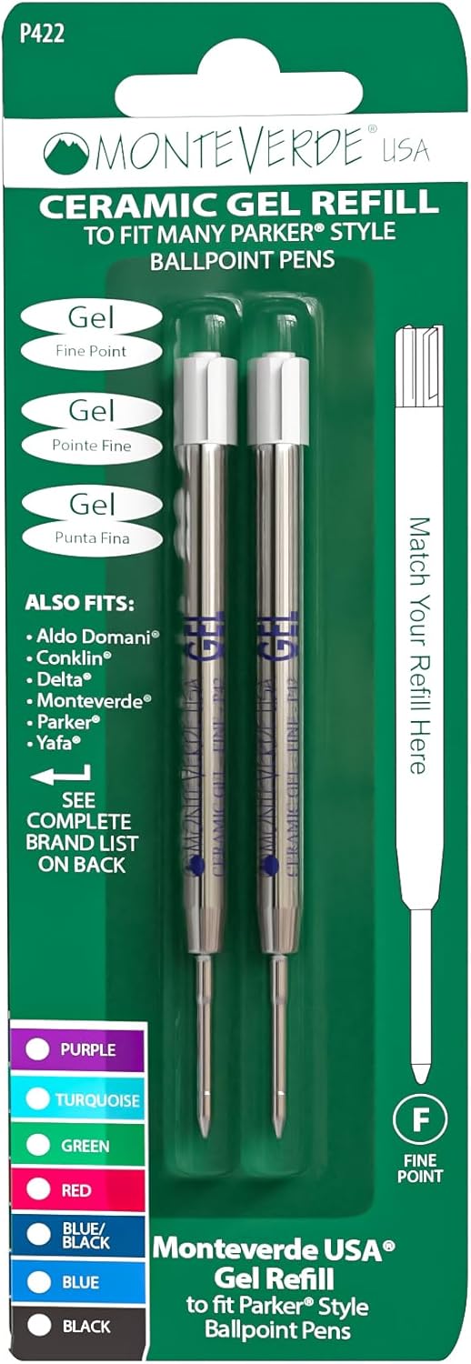 Monteverde Capless Gel Ballpoint Refill, Fine Point, Blue Black - 2 per Pack, Fits Parker Ballpoint Pens (P422BB)