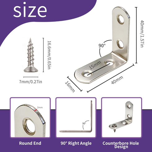 Yamlnke 10 Pack 90 Sets, (10) L Shelf Bracket, Degree Stainless Steel Corner Brace Angle Bracket for Wooden Shelves