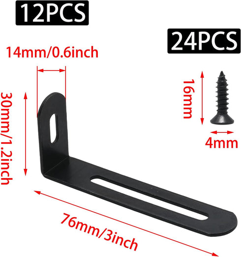 JAKOUE 12 3"x1.2"x0.6" Pcs L Brackets for Wood, Black Metal Corner Braces, Adjustable Right Angle Shelf Brackets, Heavy